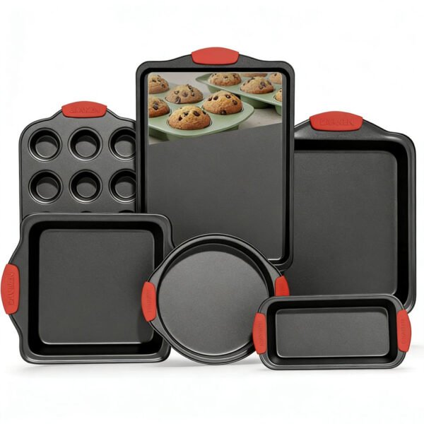 6-Piece Black Bakeware Set with Red Silicone Handles