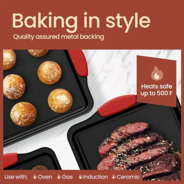6-Piece Black Bakeware Set with Red Silicone Handles